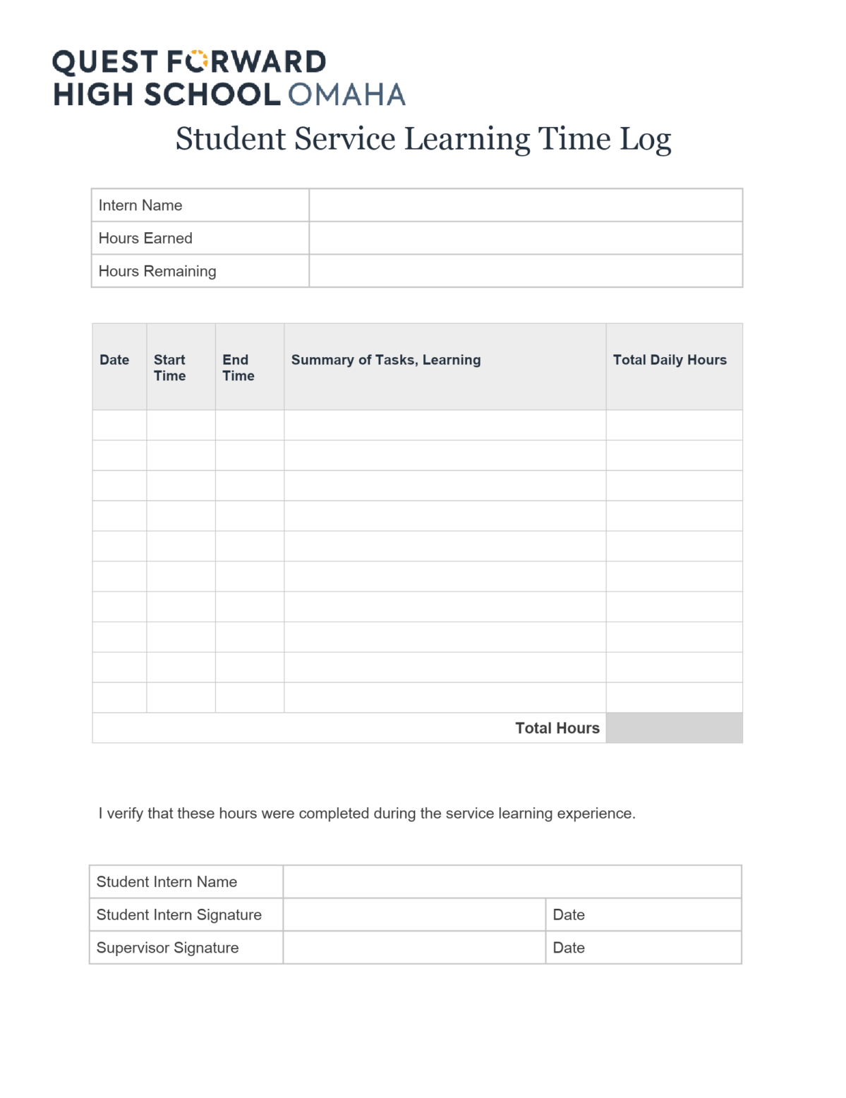 Student Service Learning Log